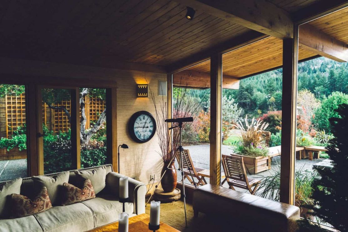 farmhouse living room outside view sofa and storage